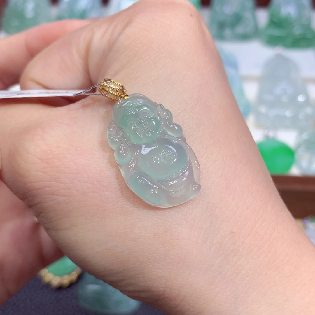 吊坠(不含链)18K金镶嵌翡翠天然缅甸A货翡翠揭阳工财神爷