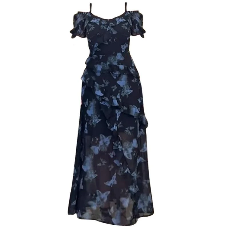 大码法式蝴蝶碎花吊带连衣裙女夏季纯欲不规则长裙子小个子微胖