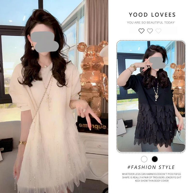 网纱拼接流苏t恤女2025春秋新款设计高级感重工镶钻宽松温柔上衣