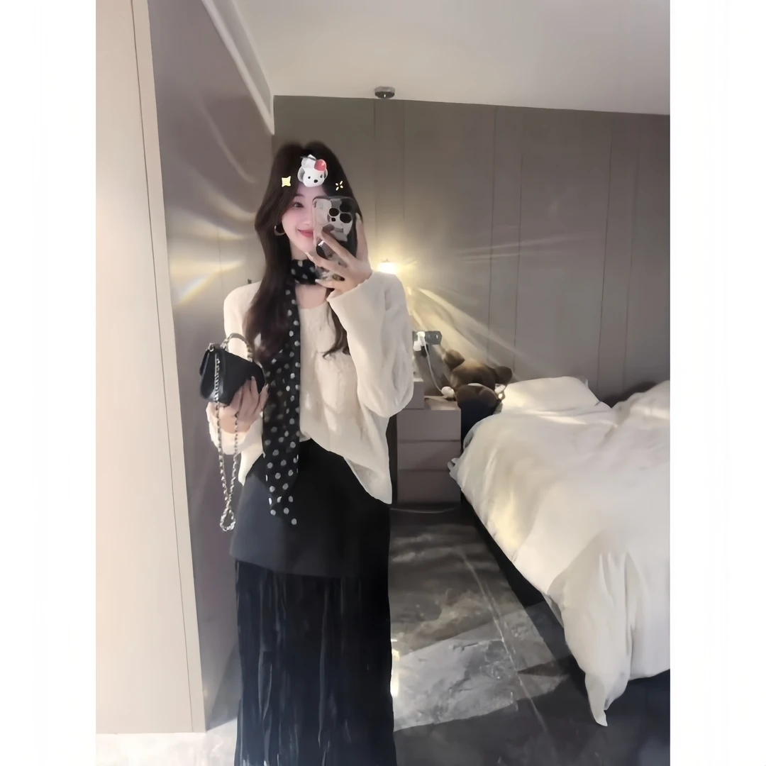 颜值真的很nice！氛围穿搭圆领长袖针织衫慵懒松弛感内搭上衣毛衣