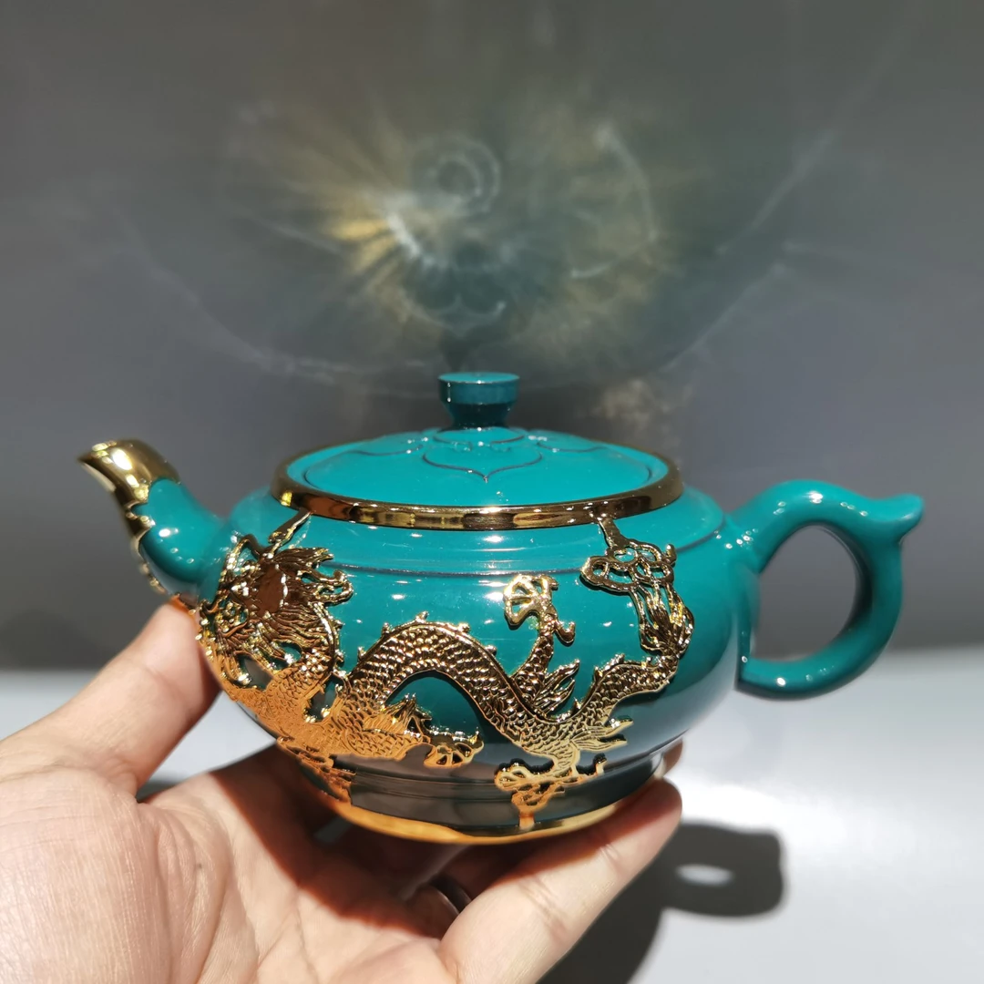 双龙献瑞包金壶350CC汉扁壶中式功夫茶具高档手工泡茶壶全手紫泥