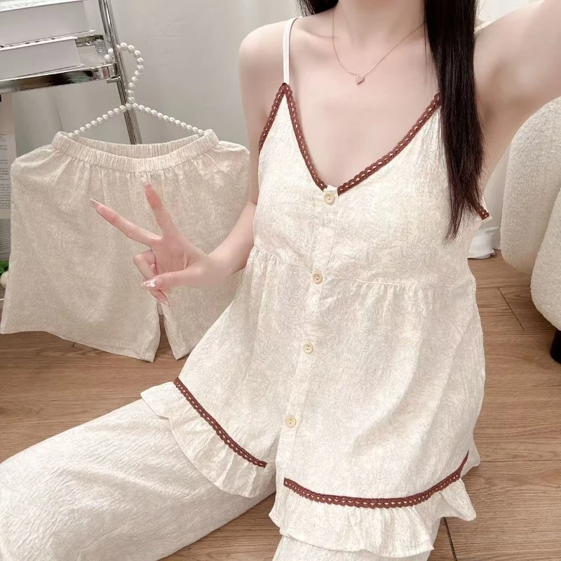 2025年春夏季新款高端三件套装女士甜美时尚宽松可外穿睡衣女