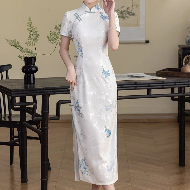 箜小帆中式中长款夏季一字扣绣花开叉显瘦旗袍裙提花优雅显瘦春夏