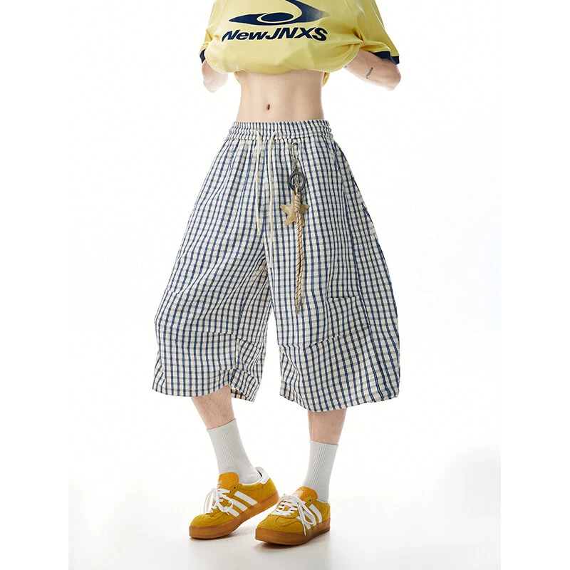 小众设计星星挂饰格纹七分裤男女夏季慵懒松弛弯刀裤宽松休闲短裤