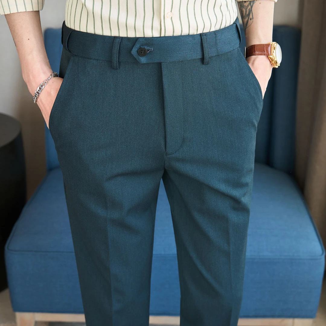 秋季高端绿色羊毛西裤男士直筒修身商务休闲裤垂感百搭正装西装裤