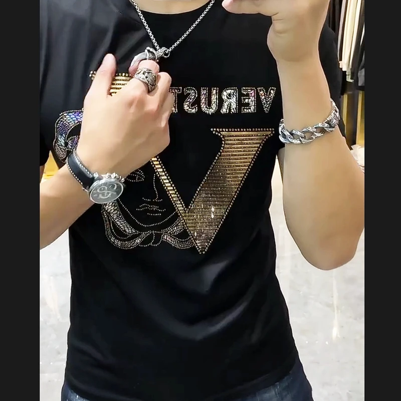 高奢水钻莱卡欧洲站高档美男头烫钻男士短袖T恤衫圆领欧货潮半袖