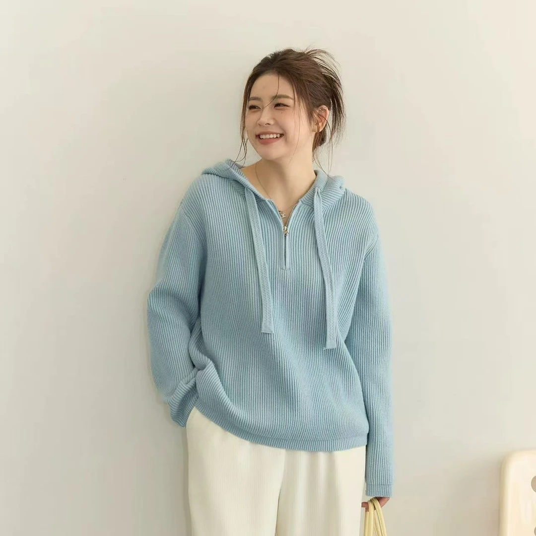 6001大码女装连帽拉链毛衣女冬季新款百搭宽松休闲上衣