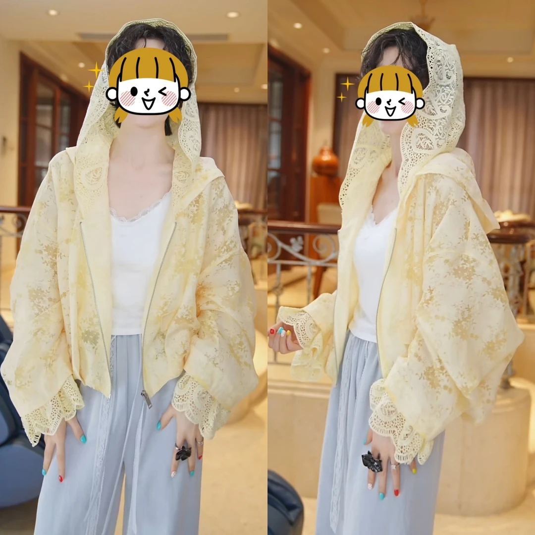 时尚蕾丝开衫上衣女春夏季新款气质宽松显瘦设计感连帽休闲短外套
