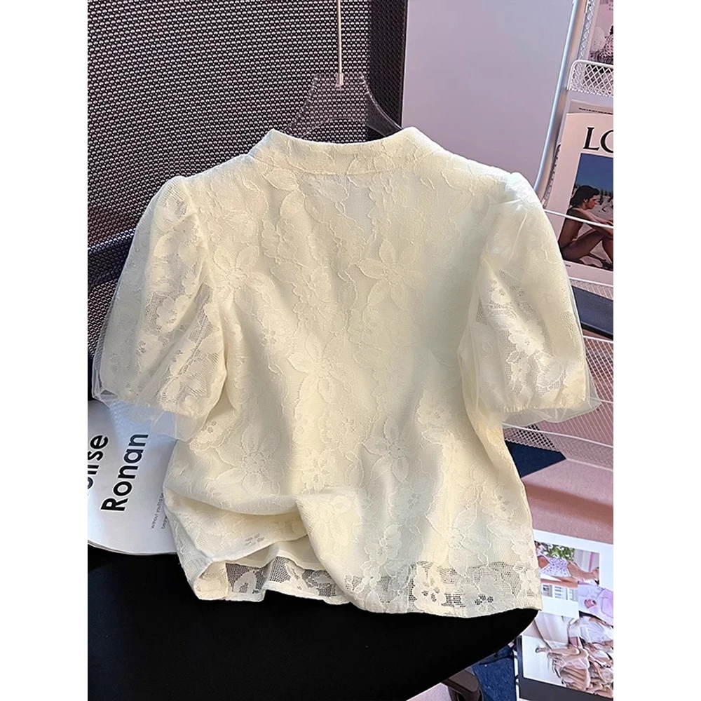 新中式轻国风蕾丝短袖衬衫女夏季2024新款设计感印花短款盘扣上衣
