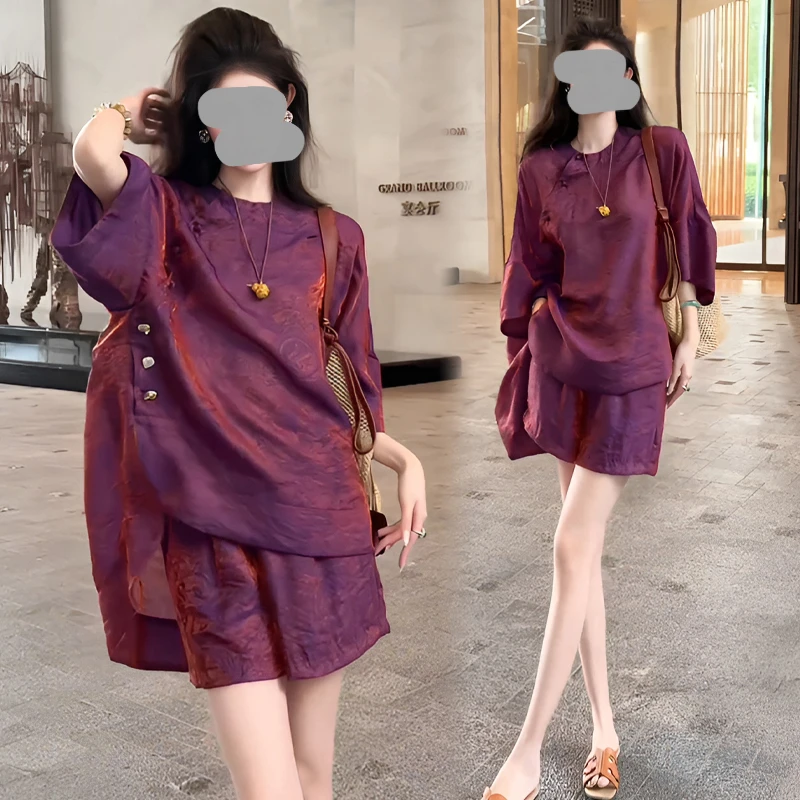 贵气松弛感穿搭新中式国风宽松遮肚紫色上衣短裤套装夏女2026新款