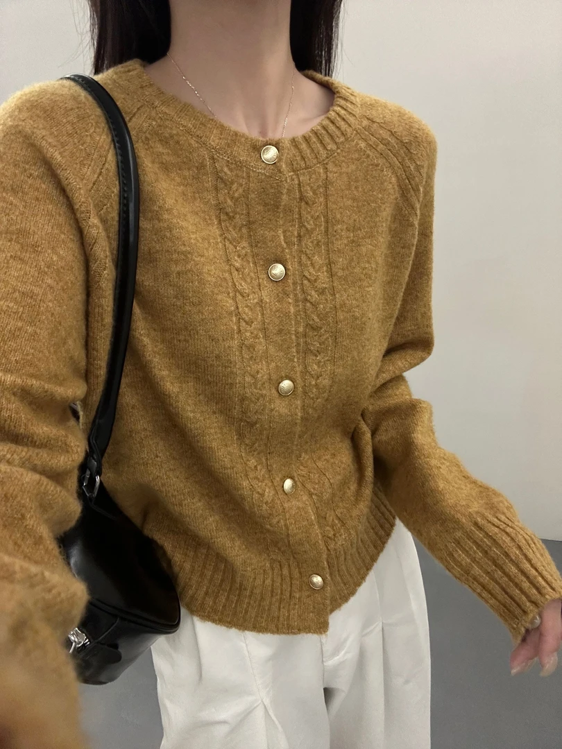 /秋黄开衫/复古螺纹软糯毛衣针织开衫外套上衣女 长53 95266