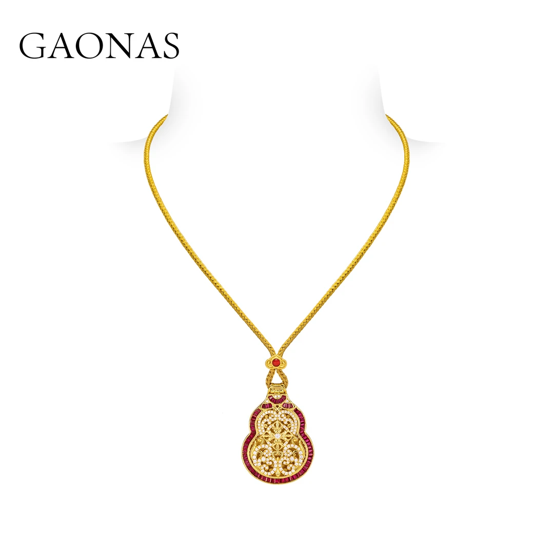 GAONAS 铜合金合成锆石项链 新中式潮流国风葫芦金色项链11345XY