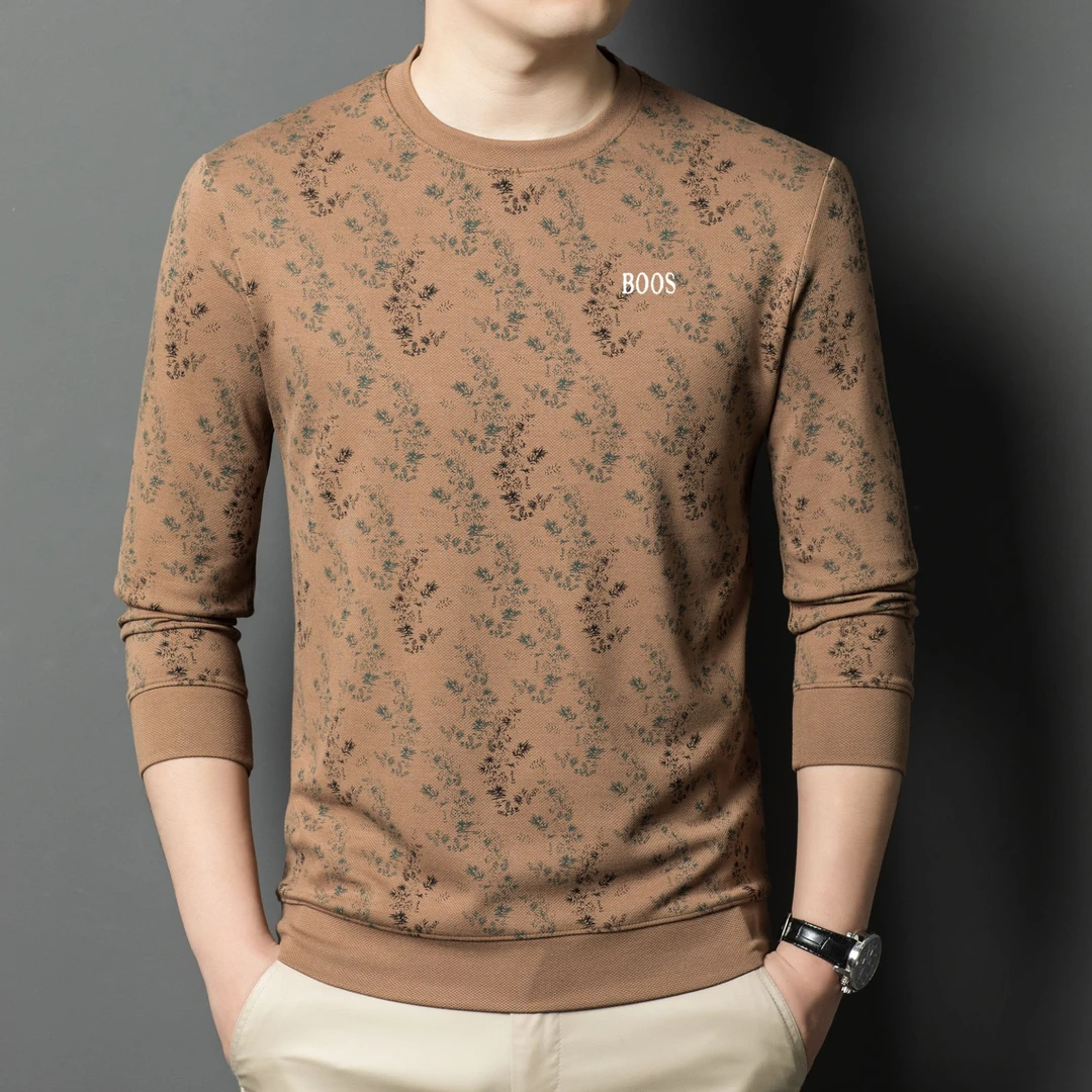 2025春季新款BOOS男士圆领长袖t恤高档潮流中年印花宽松薄款卫衣