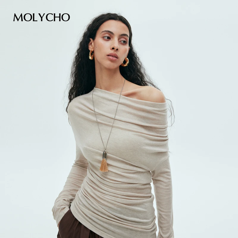 MOLYCHO|正反两穿_不对称捏褶斜肩长袖T恤女_早秋修身露肩上衣