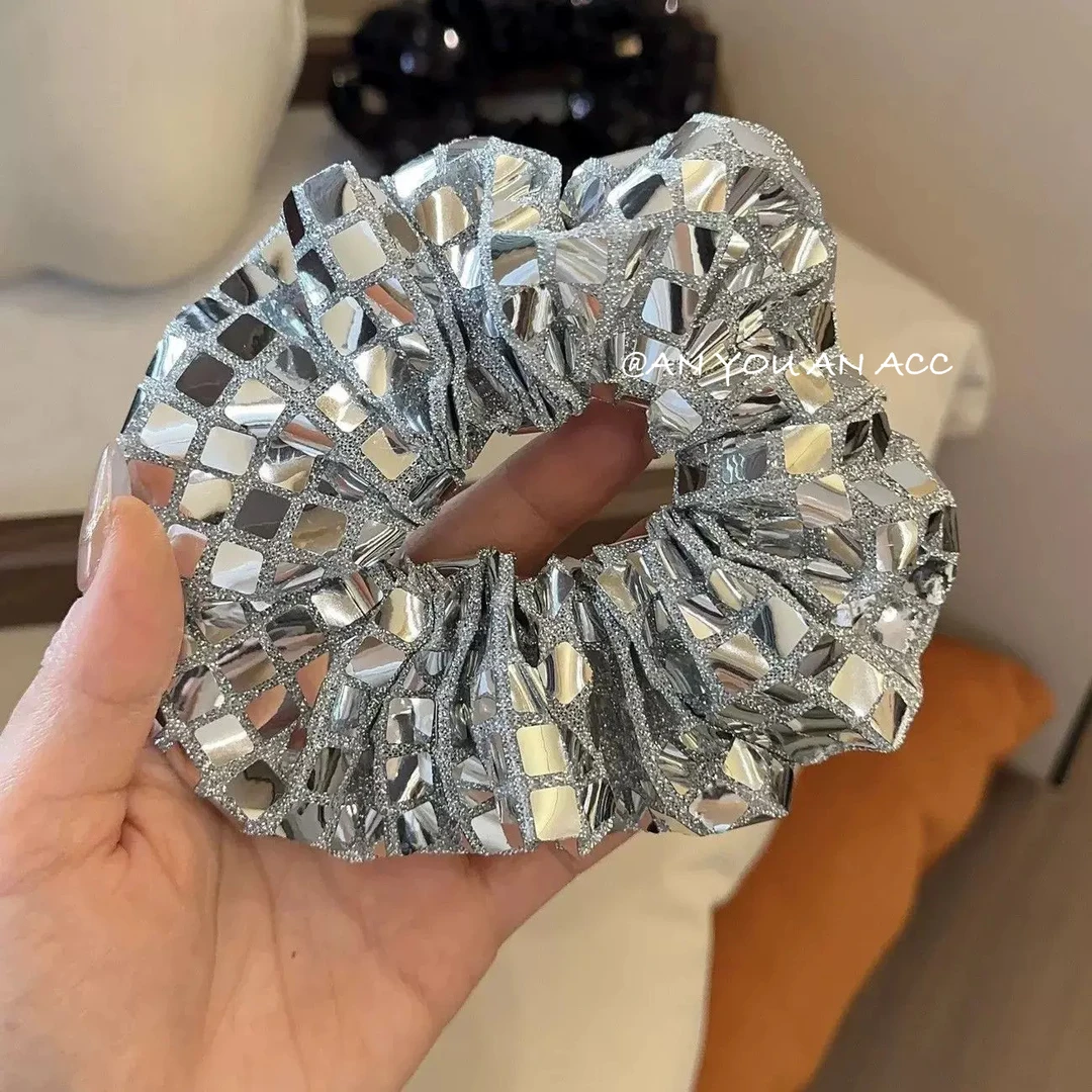 爆闪！亮片银色大肠发圈时髦洋气后脑勺马尾丸子头发绳高级感发饰