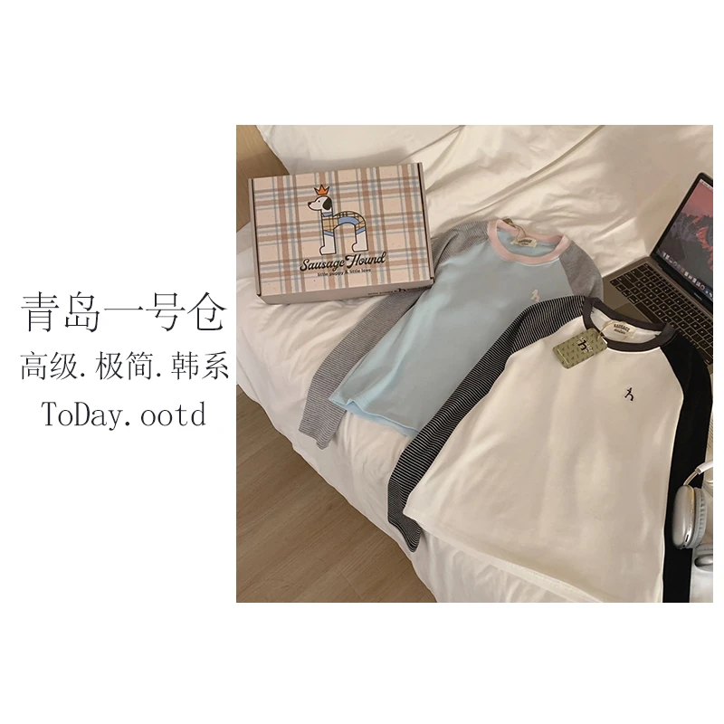 【哈吉狗撞色t】韩国单！早春插肩袖圆领休闲T恤衫上衣-H6009