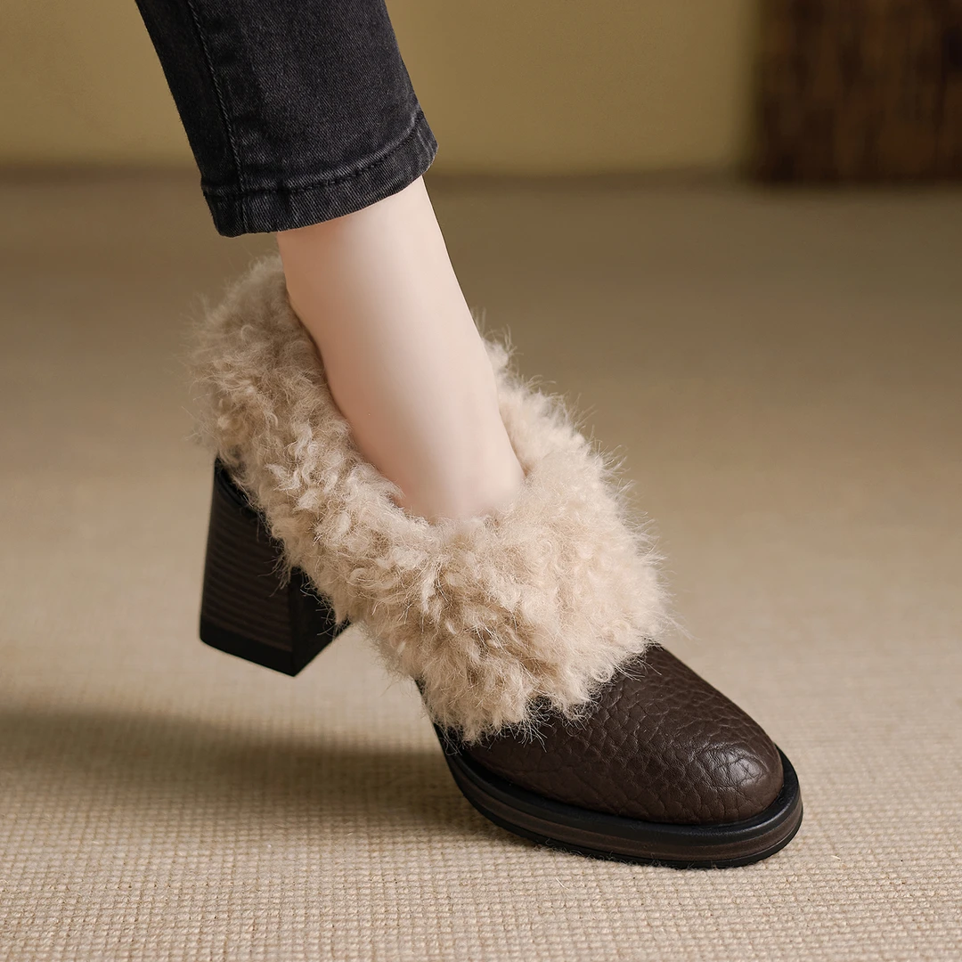 小个子增高7.5cm~防水台高跟鞋复古毛毛鞋一脚蹬加绒保暖单鞋棉鞋