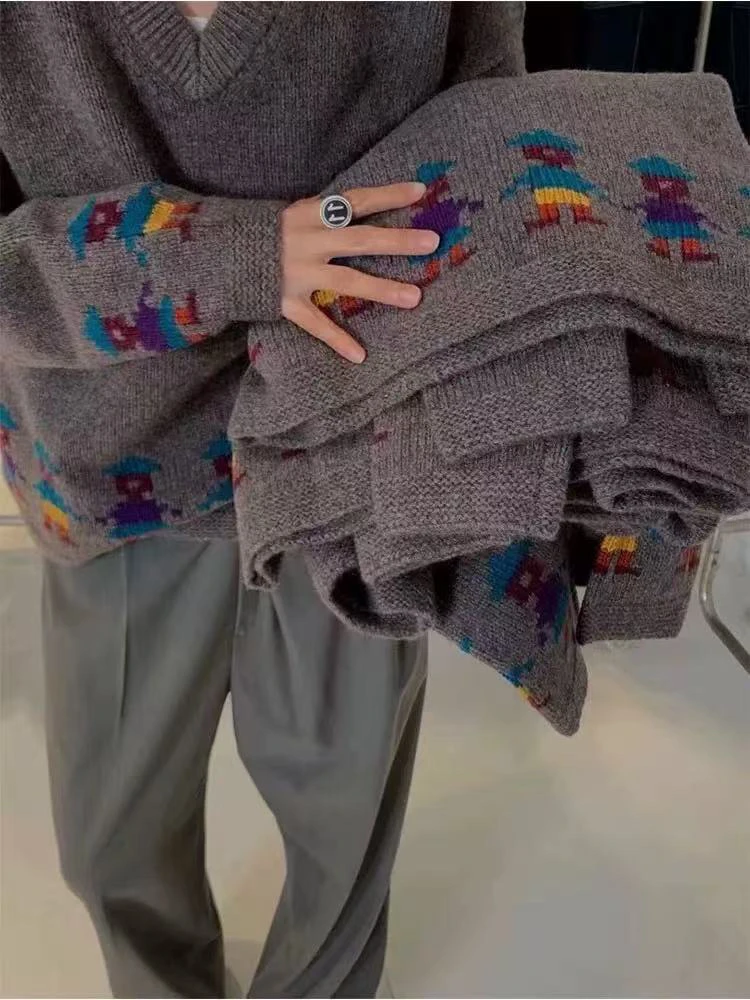 现货 正品 V领卡通小人套头毛衣 厚实手工针织衫8242