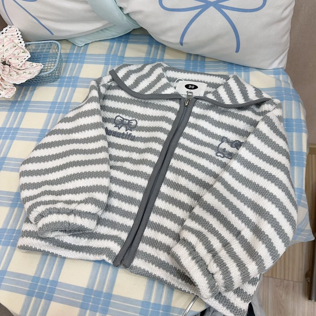 2025春季新品学院风海军领针织棉条纹韩系女童春款外套