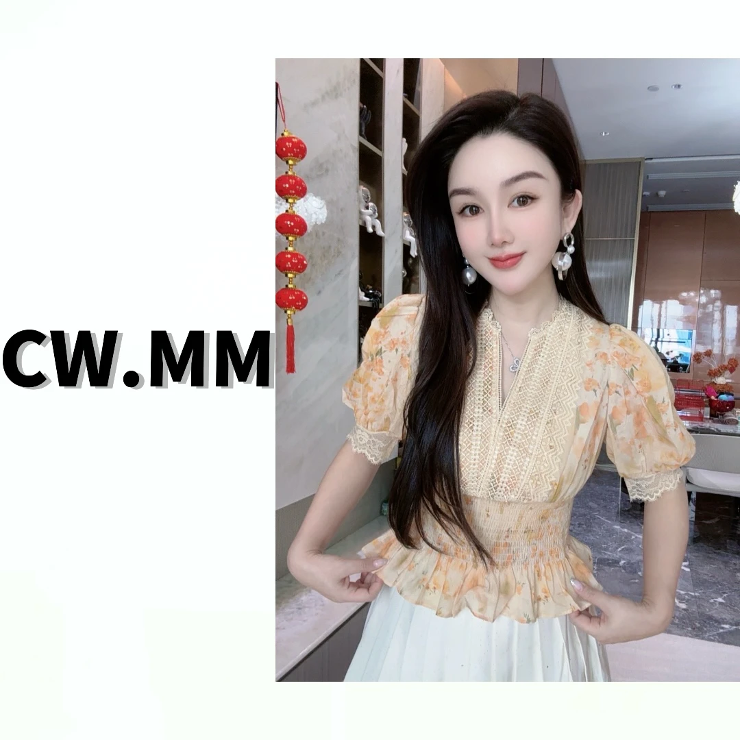 CW.MM 法式浪漫蕾丝拼接打缆掐腰显瘦上衣