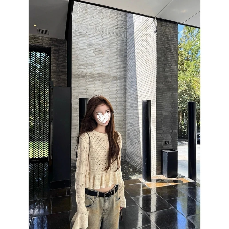 针织开衫上衣女秋季法式复古风镂空钩花荷叶边长袖设计感短款毛衣