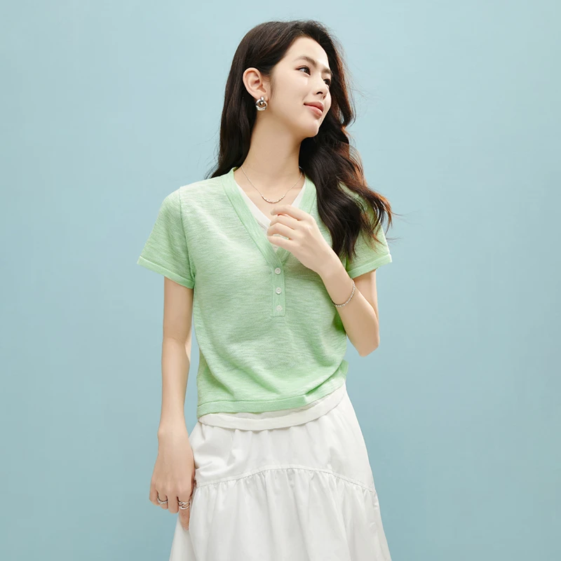 晚白【新品】2025薄荷绿上衣弹力假两件针织短袖女25021951