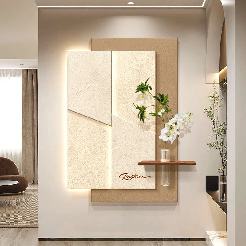 2025新款奶油风玄关装饰画走廊过道尽头带灯挂画水培绿植砂岩壁画