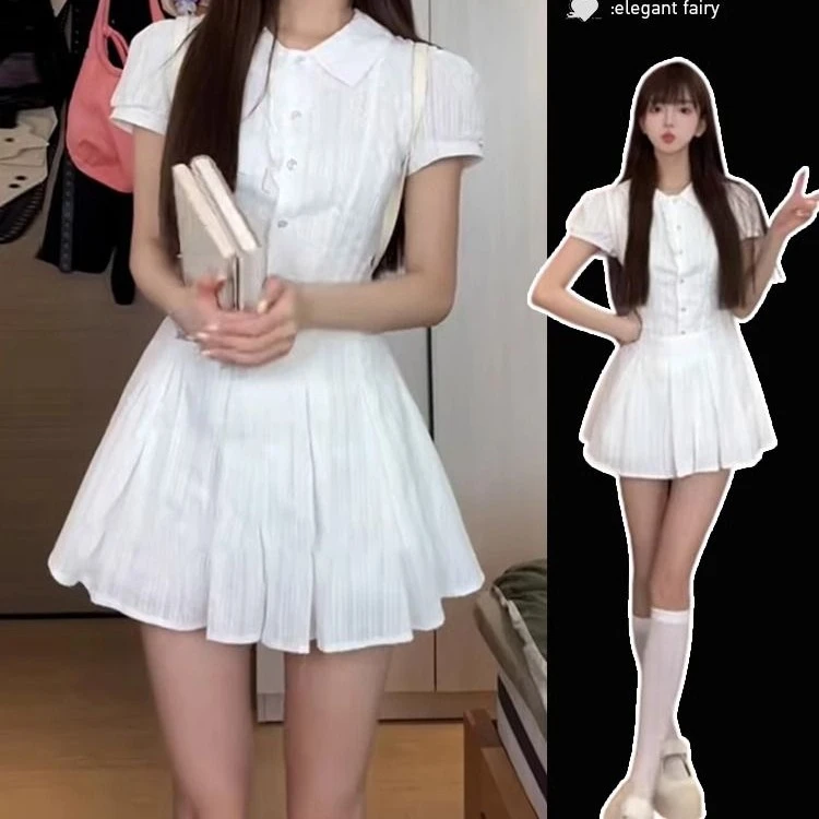 学院风白色衬衫连衣裙子女装2025新款夏季小个子百褶短裙套装穿搭