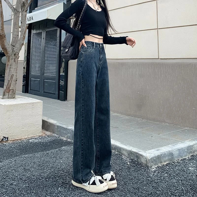 蓝色高腰直筒牛仔裤女2025年夏季新款宽松显瘦小个子垂感阔腿长裤