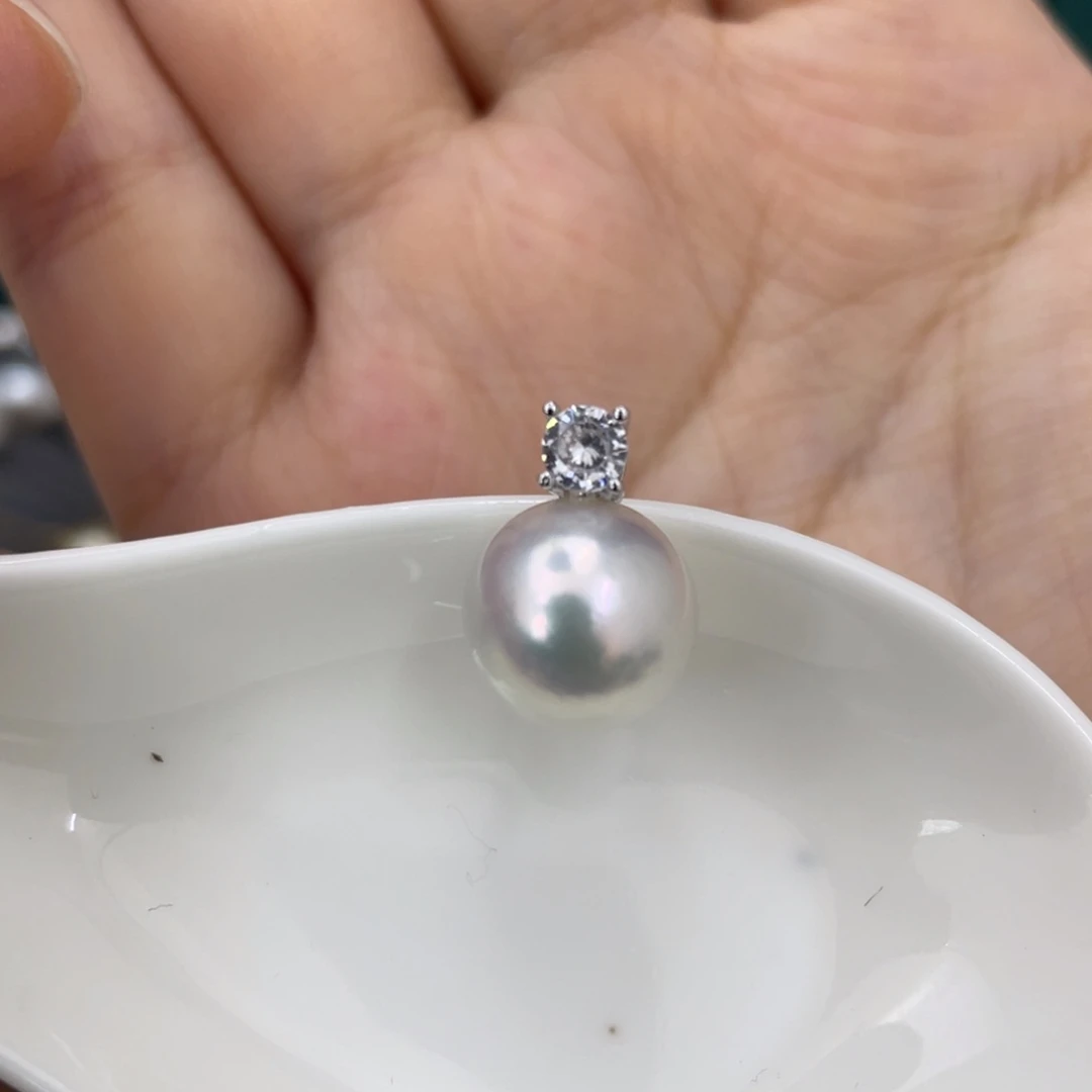 海水珍珠银S925镶嵌颈饰11+正圆冷蓝炫彩吊坠