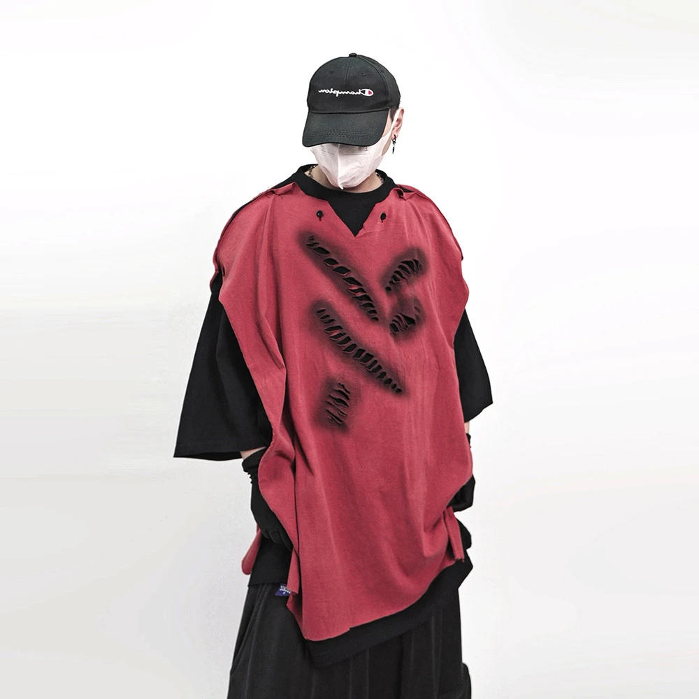 UUCSCC高街复古废土风假两件T恤嘻哈潮牌宽松破洞vintage五分袖男