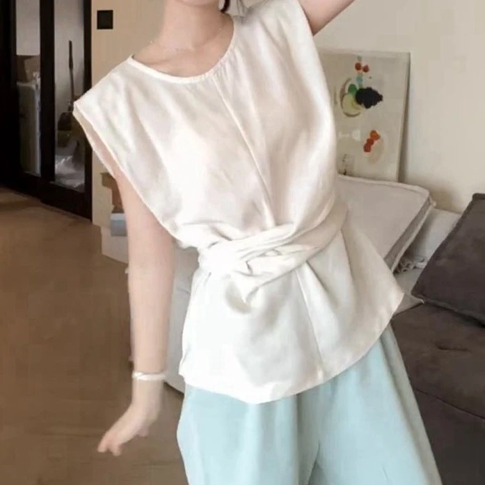 夏季新款韩版简约无袖衬衣拼接设计感显瘦气质女装上衣白色浅蓝可