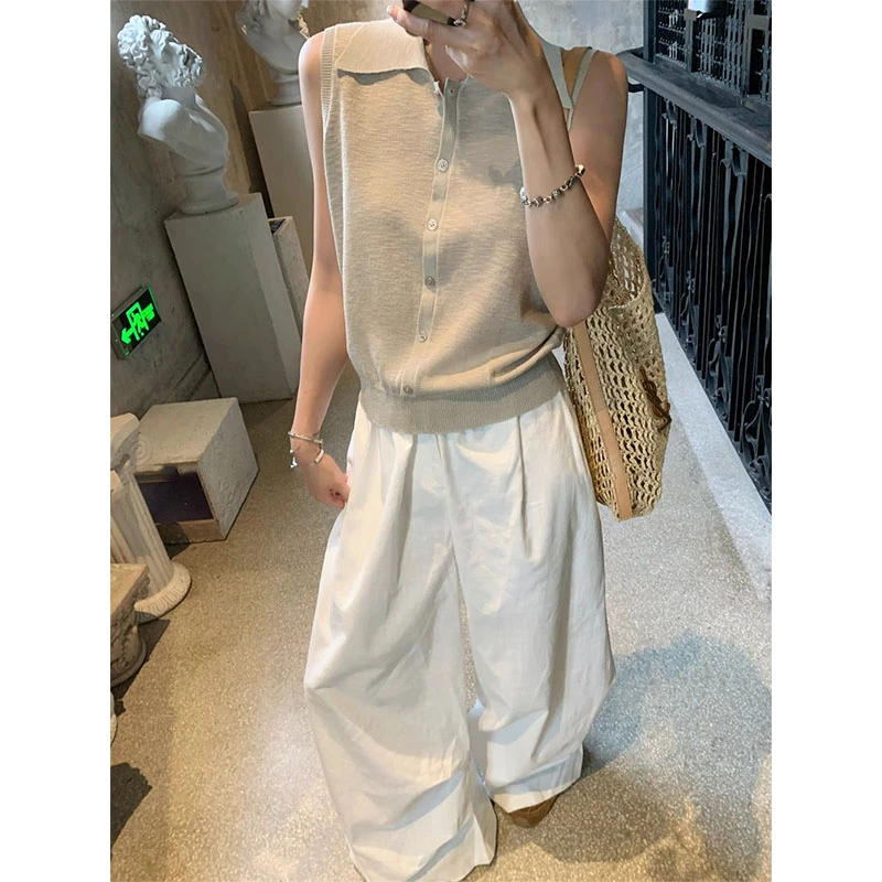 2026年夏季新款韩版时尚百搭显瘦polo领无袖针织白色慵懒风休闲裤