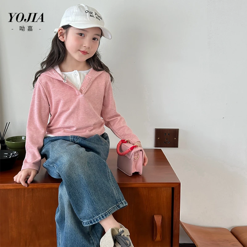 YOJIA女童长袖T恤春装2025新款韩版假两件童装上衣Y4QD591