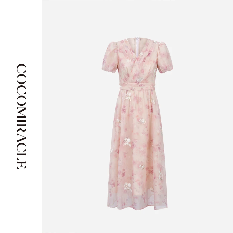 董小姐【云影花枝】新款V领刺绣腰部镂空印花短袖连衣裙Q53LYQ817