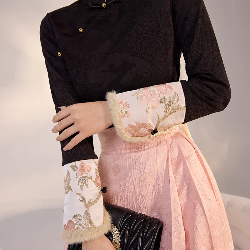 新中式新款时尚气质高腰修身显瘦粉色提花汉元素百褶裙女  LZ808B