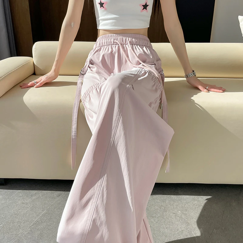 美式工装裤女宽松春秋2025新款酷飒风粉色直筒阔腿登山速干运动裤