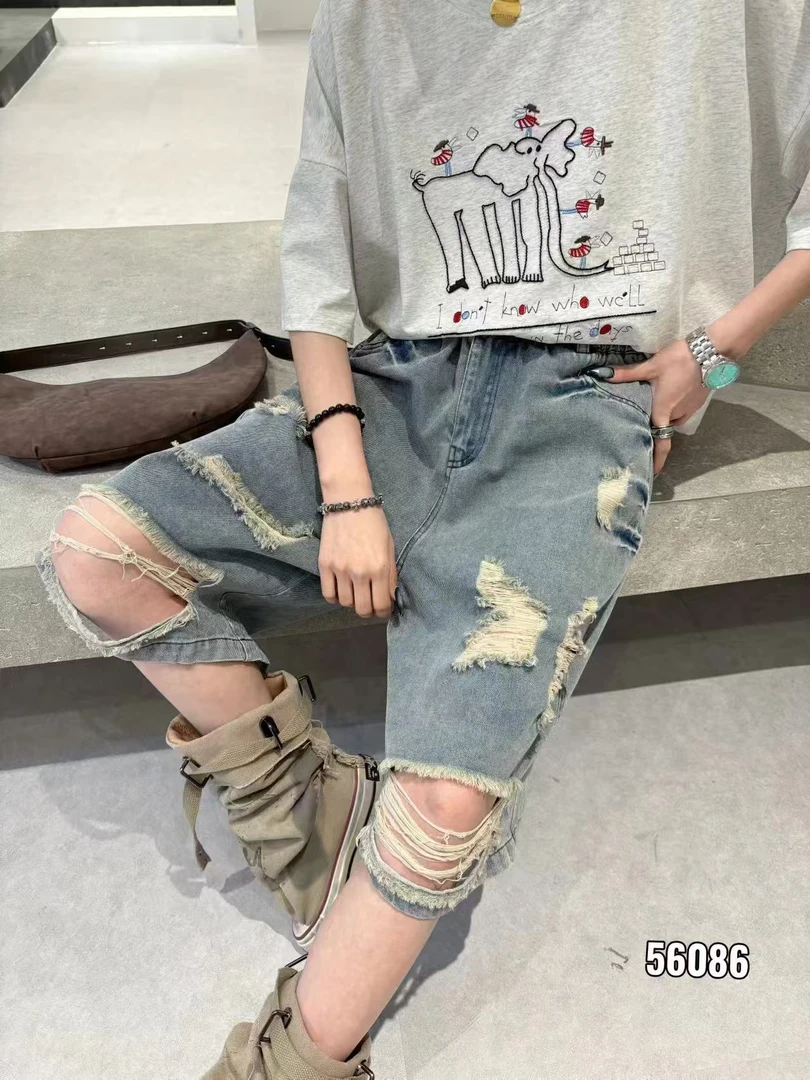 56086夏季新款美式复古高档破洞做旧宽松显瘦六分牛仔裤牛仔短裤