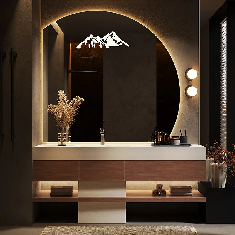 晖灿高端酒店风浴室柜组合洞石岩板热弯一体盆卫生间洗漱台洗手盆