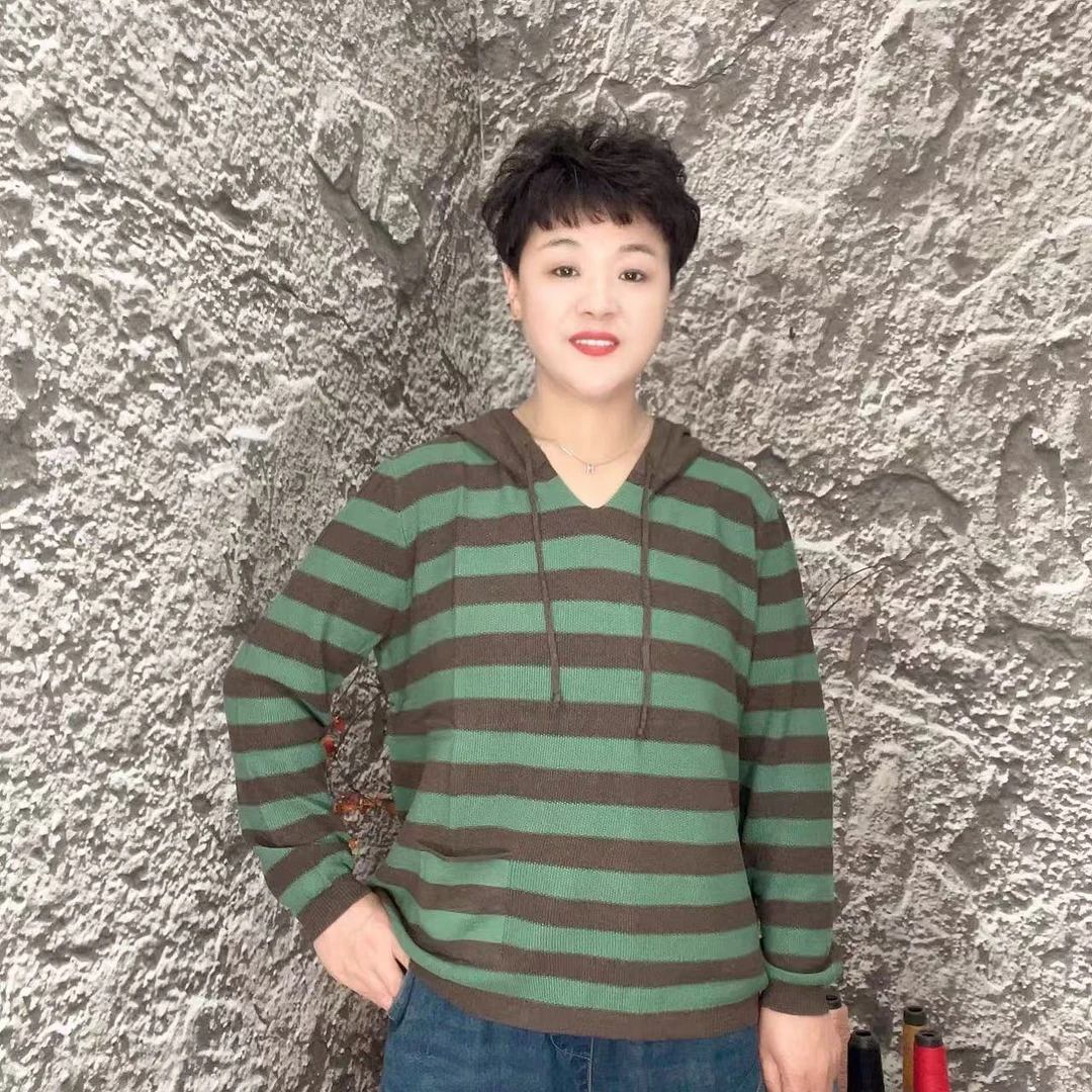 （老刘家条纹连帽长袖款）7108  百搭 遮肉 显瘦 休闲 宽松  连帽款