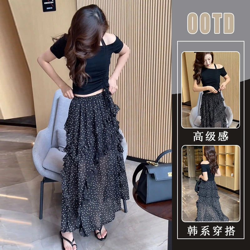 2025超火两件套夏装时尚气质抽绳斜肩上衣短袖t恤高腰半身裙套装
