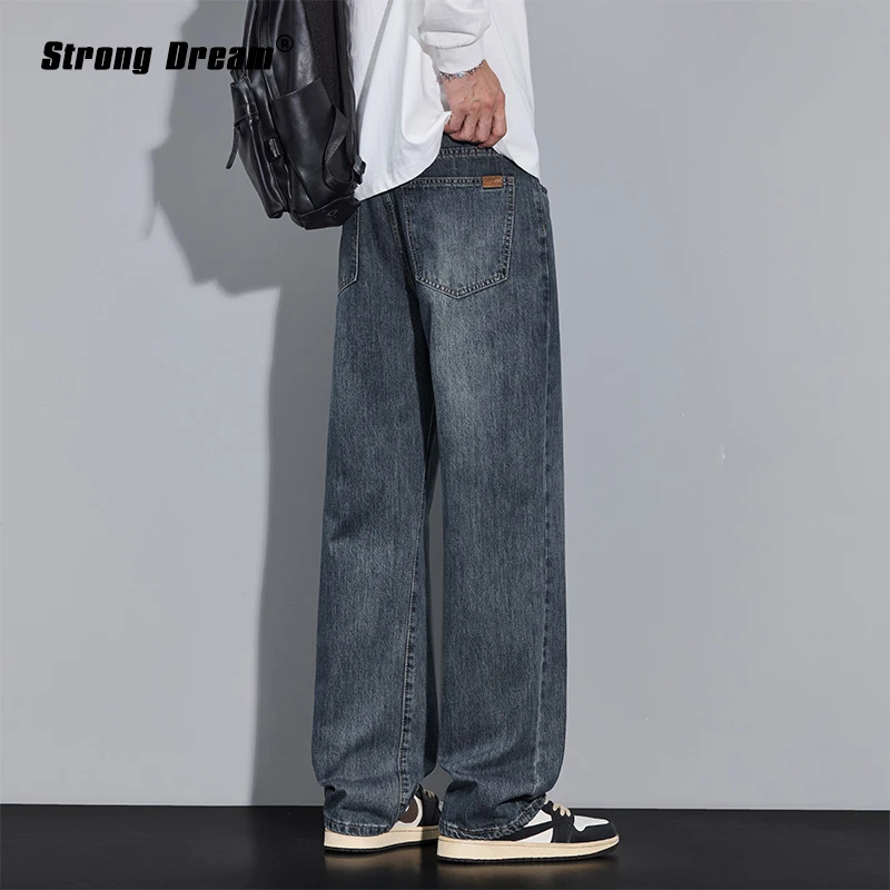 秋冬季直筒牛仔裤男士宽松百搭弹力裤美式复古加绒加厚休闲长裤子