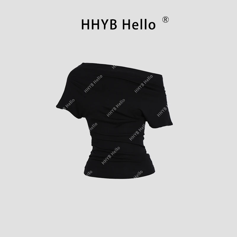 HHYB Hello【2025春季新款】收褶一字领短袖T恤收腰纯色上衣250007