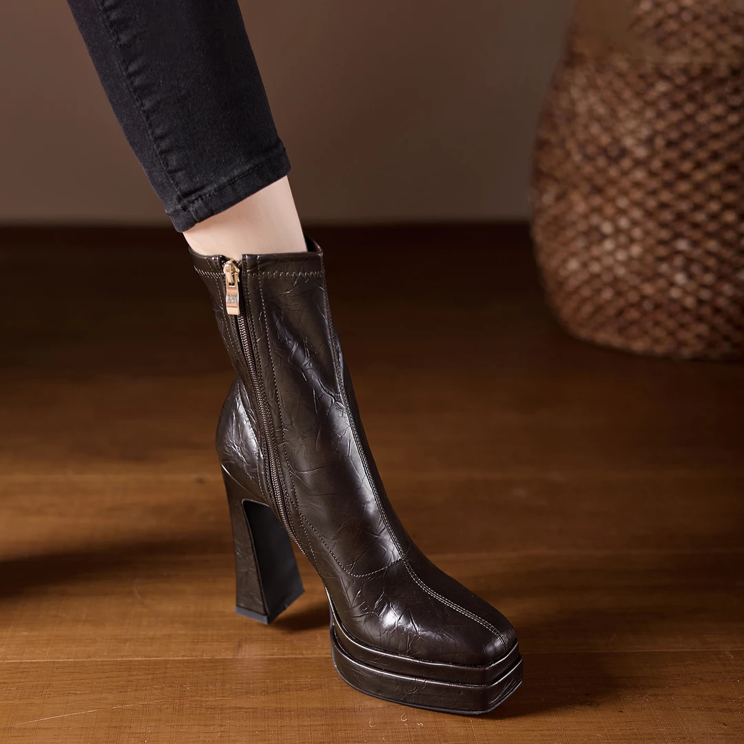 小个子手工女鞋12.6cm~防水台高跟短靴女2025秋冬季英伦风马丁靴