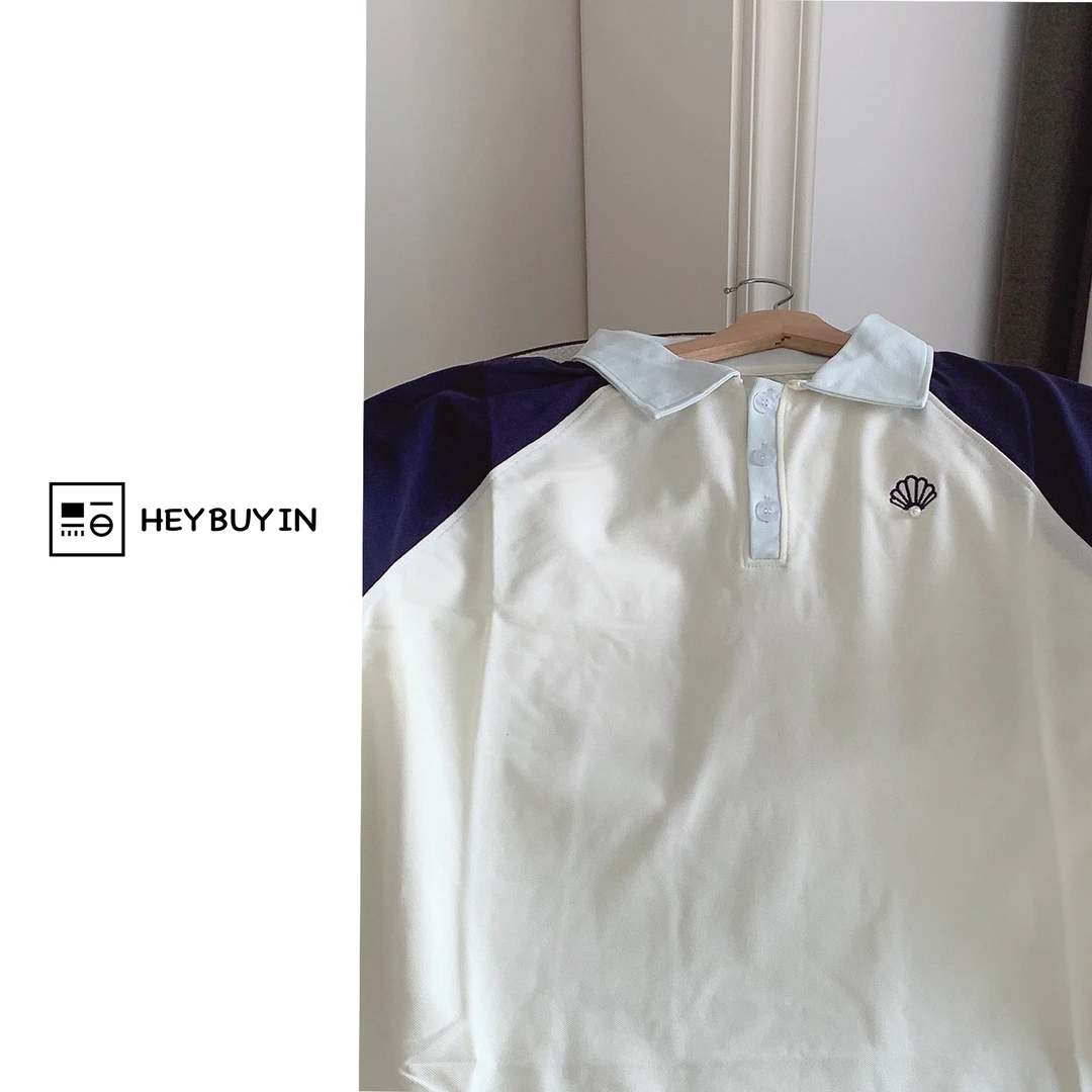 HEYBUYIN【扇贝T恤】精选POLO领珠地拼色刺绣珍珠工艺宽松慵懒短袖