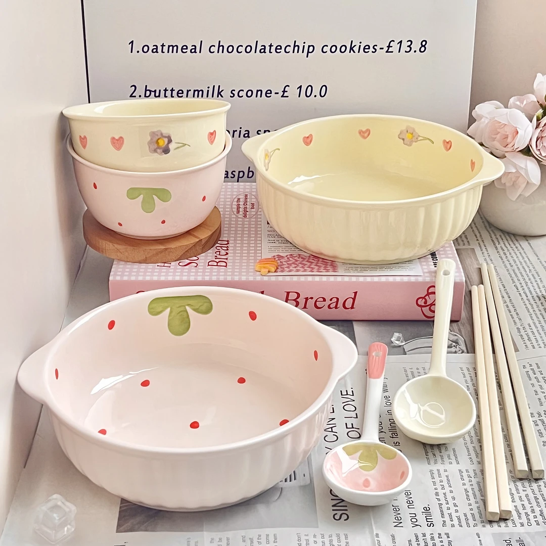 可爱ins草莓紫藤花双耳碗一人食餐具釉下彩家用可爱陶瓷双耳饭碗