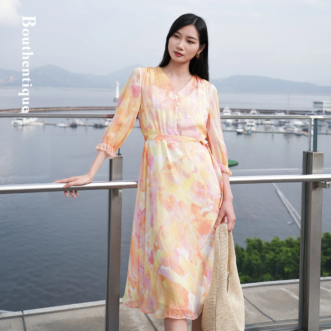 Bouthentique6A级真丝顺纡绉本布圆绳腰带中袖连衣裙224251D1S33