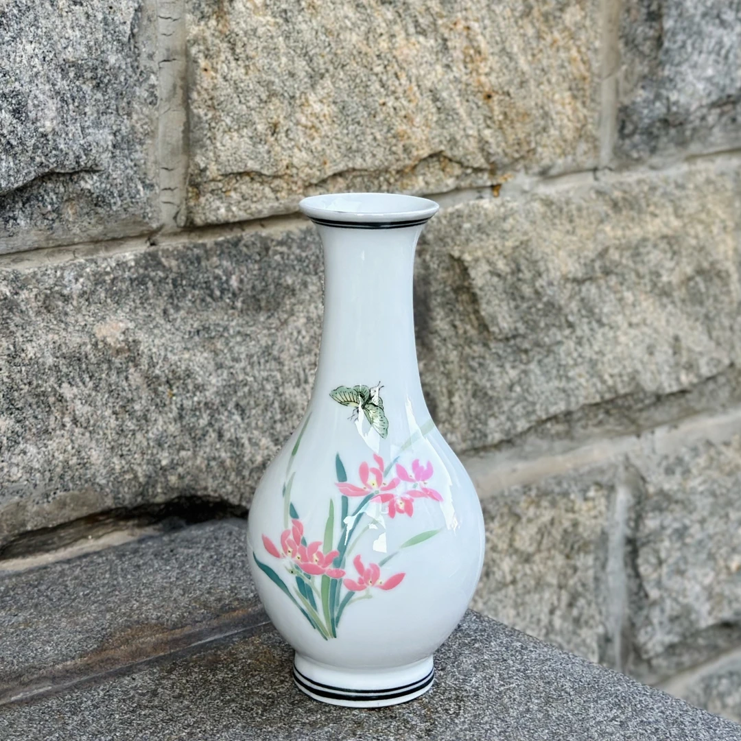 醴陵群力老瓷器釉下五彩手绘80红兰草17厘米小花瓶微瑕
