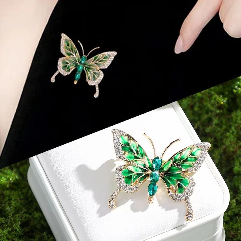 铜合金锆石项链 铜合金锆石胸针 锆石绿蝴蝶自然胸针商务风简-04