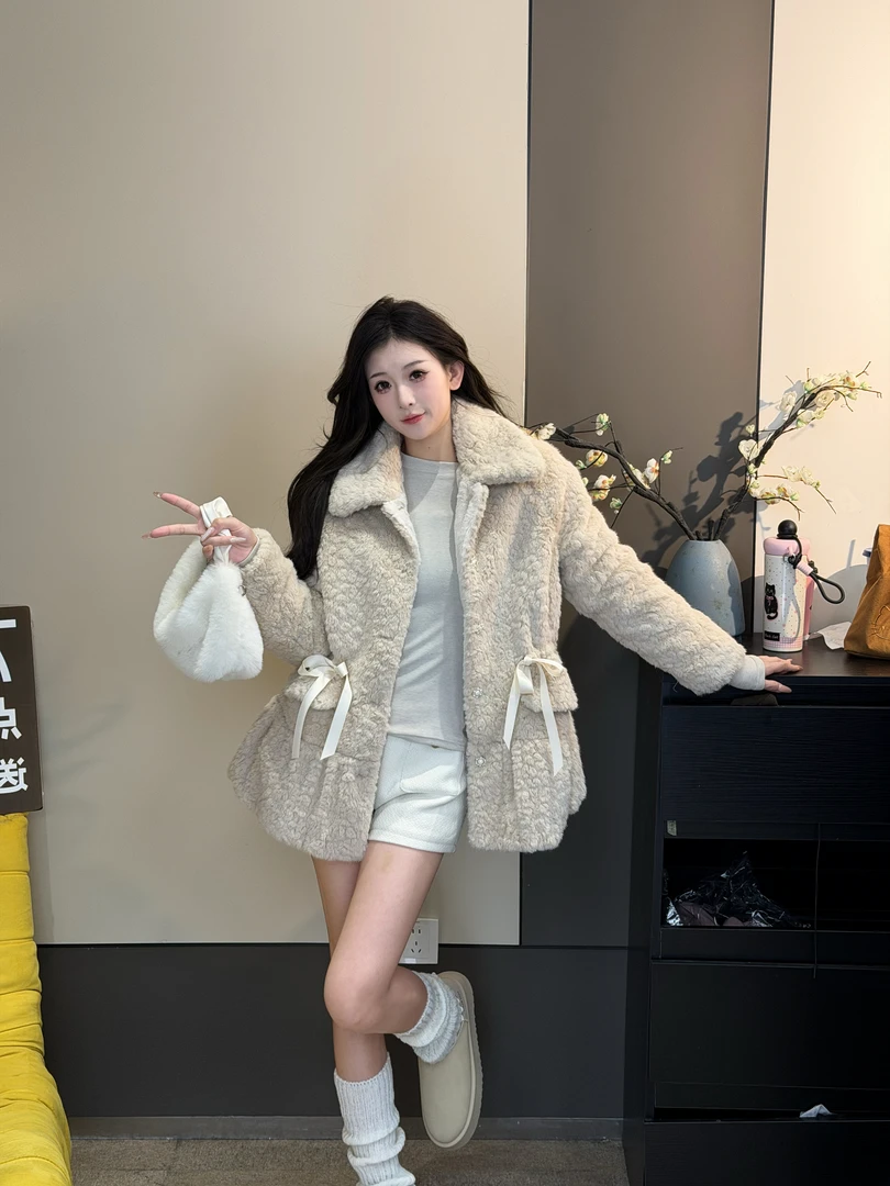 蔡小姐韩系冷淡千金毛毛外套2025冬季新款甜美蝴蝶结毛绒大衣